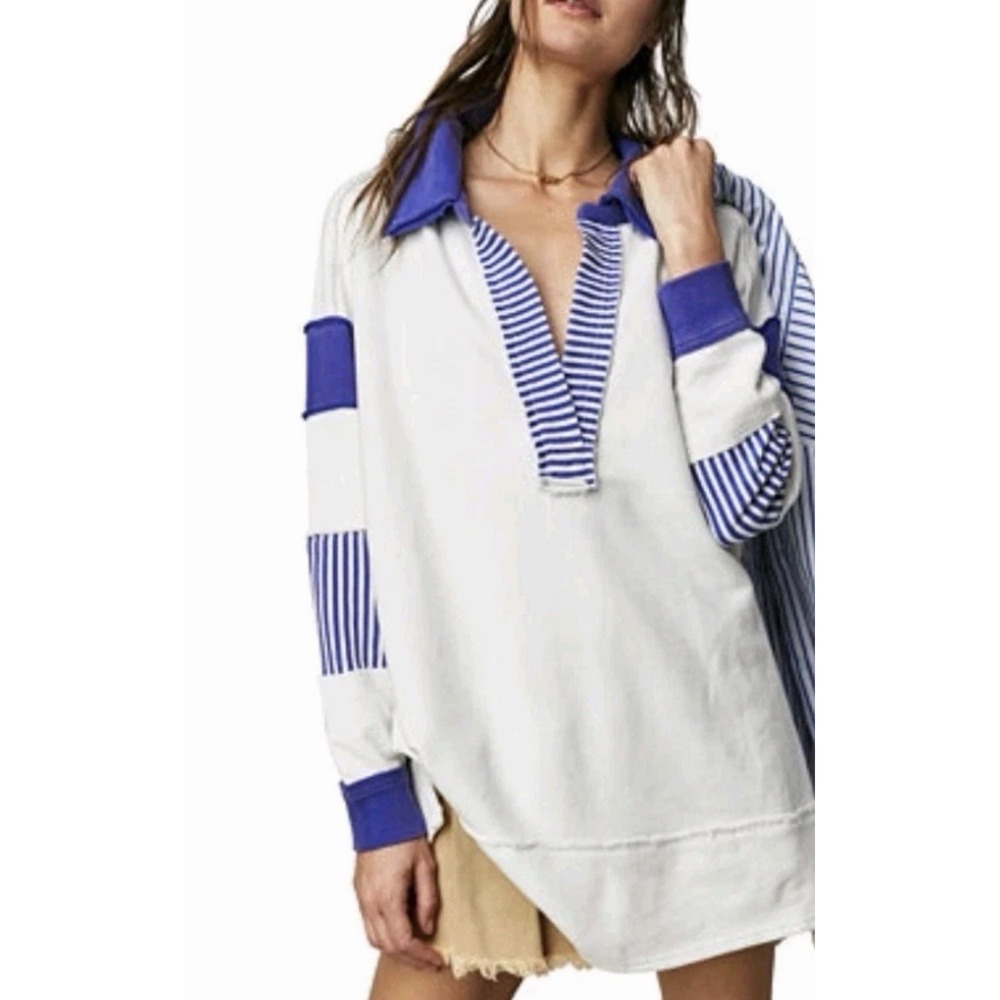 We The Free Clean Prep Polo S Purple/Blue White Free People Boho Raw Hem